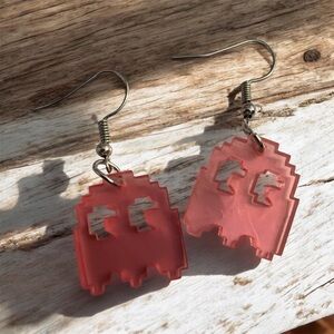 PAC-MAN Cute Pixel Ghost Dangle Earrings - Coral Pink